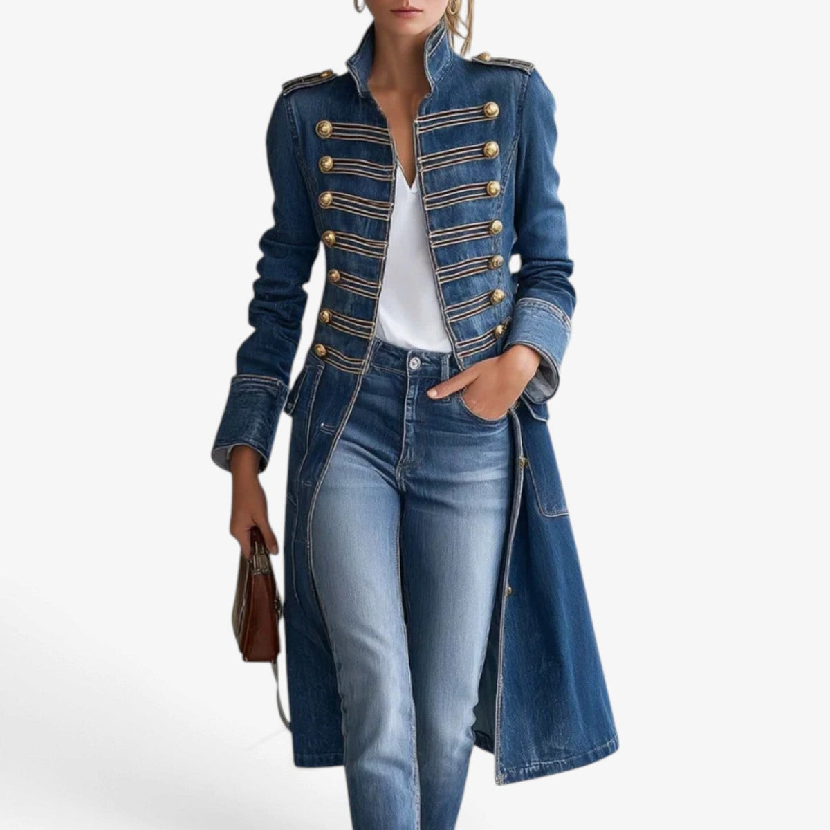 Valentina™ Militærinspirert Denimfrakk i Lang Fasong
