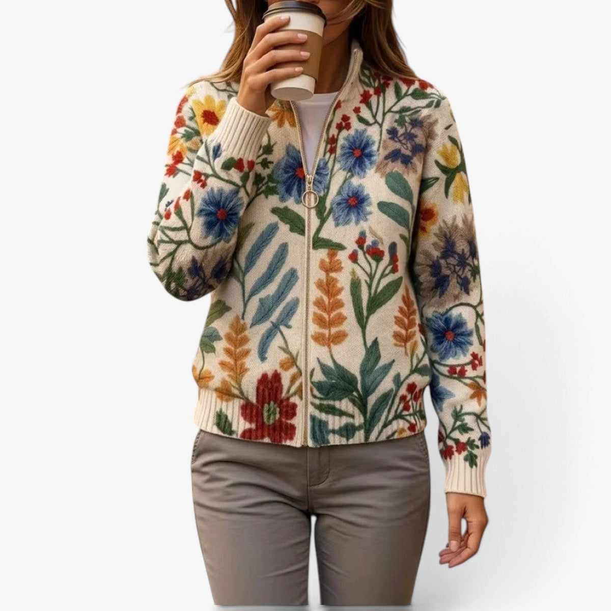 Romane™ Strikkjakke med botanisk mønster